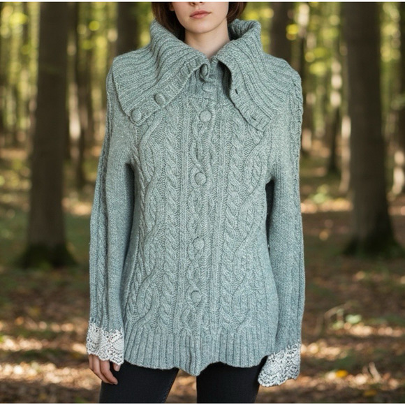 Anthropologie Sleeping on Snow Cardigan Sweater XL Cable Knit Lace Cuff Sleeves - Picture 1 of 16